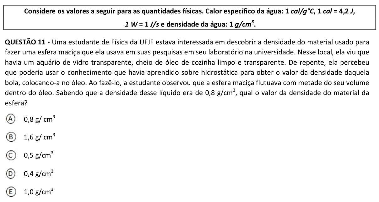Enunciado da questão 11 de Física do UFJF 2023 (PISM, Módulo II)
