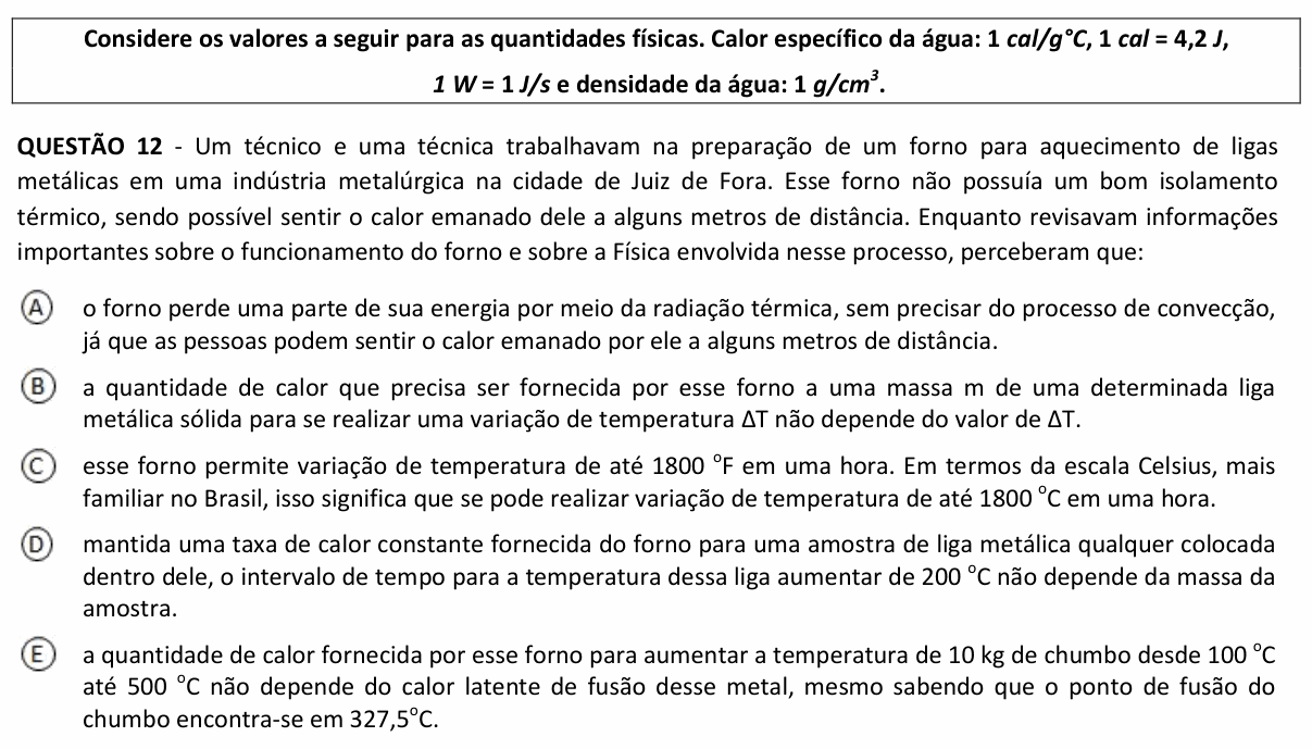 Enunciado da questão 12 de Física do UFJF 2023 (PISM, Módulo II)