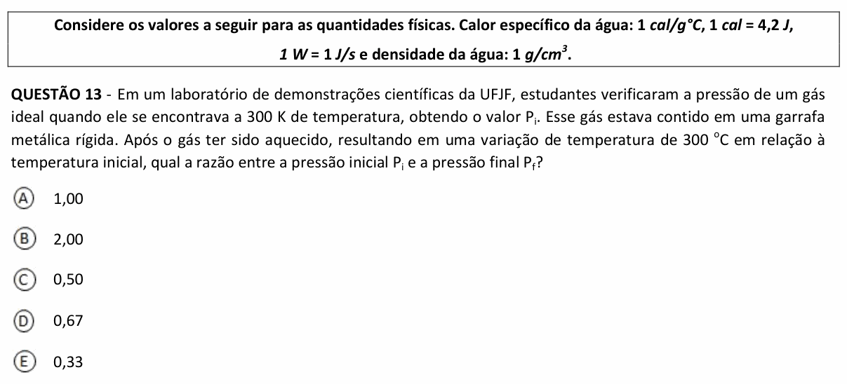 Enunciado da questão 13 de Física do UFJF 2023 (PISM, Módulo II)