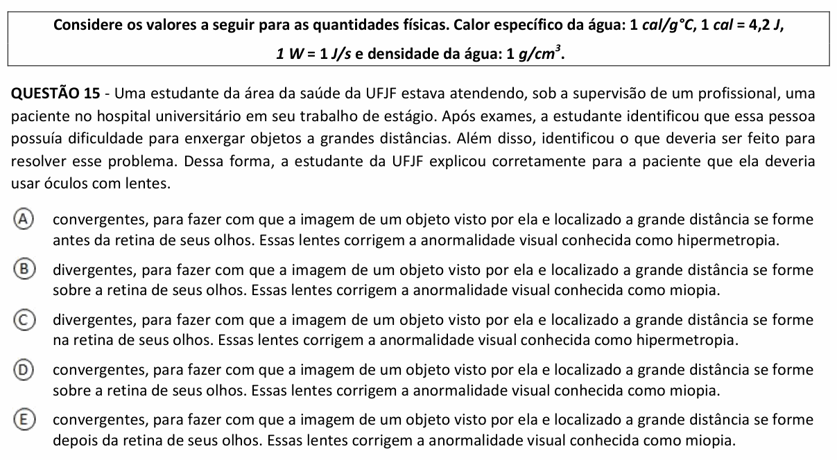 Enunciado da questão 15 de Física do UFJF 2023 (PISM, Módulo II)
