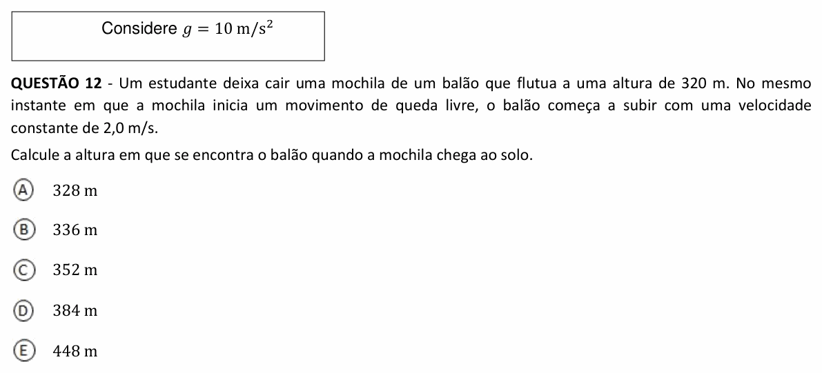 Enunciado da questão 12 de Física do UFJF 2024 (PISM, Módulo I)