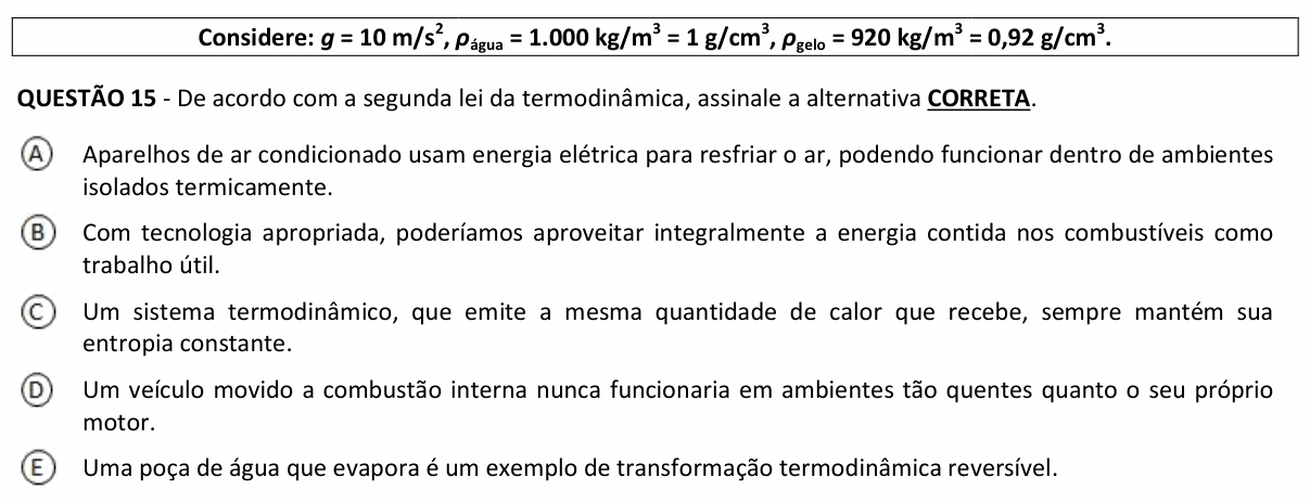 Enunciado da questão 15 de Física do UFJF 2024 (PISM, Módulo II)
