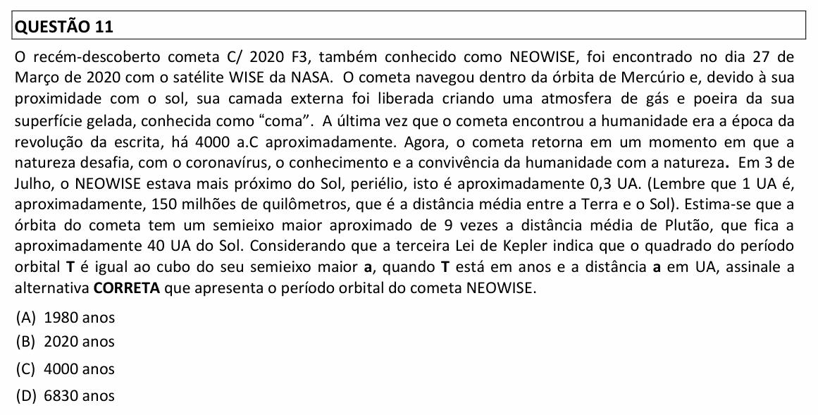 Enunciado da questão 11 de Física do UFLA 2021 (PAS, 2ª etapa)
