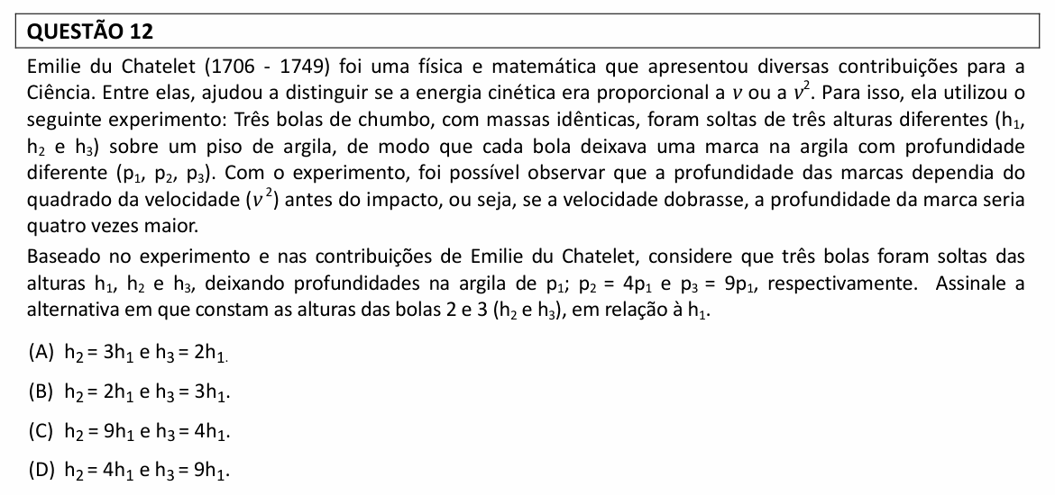 Enunciado da questão 12 de Física do UFLA 2022 (PAS, 1ª etapa, novembro)
