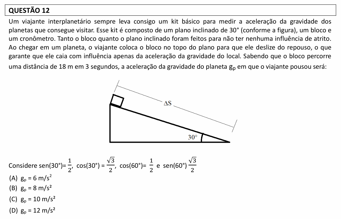 Enunciado da questão 12 de Física do UFLA 2022 (PAS, 1ª etapa, junho)