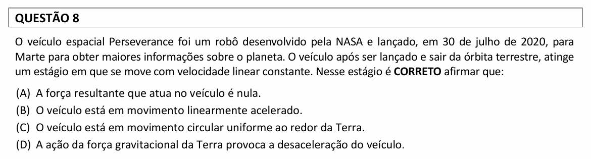 Enunciado da questão 8 de Física do UFLA 2023 (PAS, 1ª etapa)