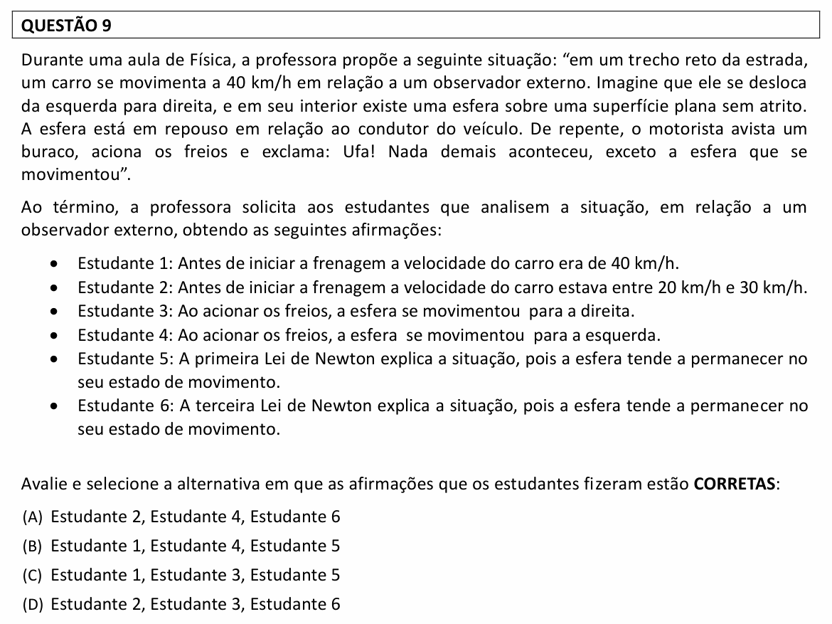 Enunciado da questão 9 de Física do UFLA 2023 (PAS, 2ª etapa)
