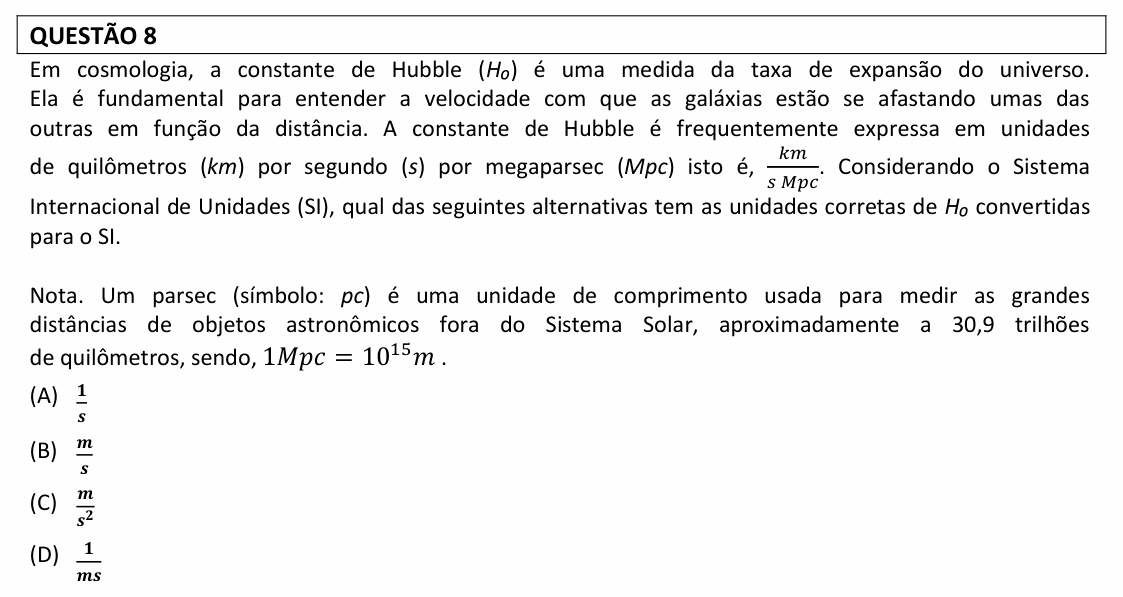 Enunciado da questão 8 de Física do UFLA 2025 (PAS, 1ª etapa)