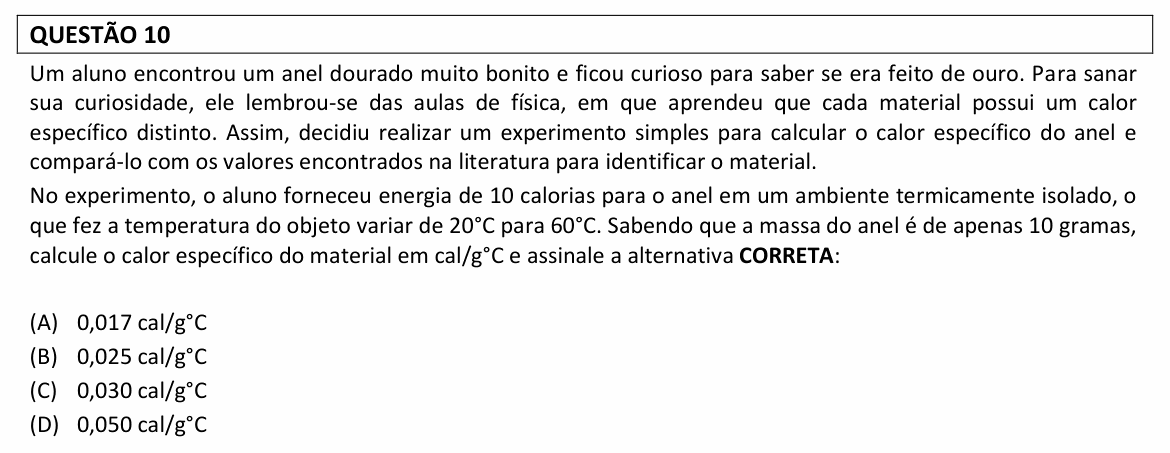 Enunciado da questão 10 de Física do UFLA 2025 (PAS, 2ª etapa)