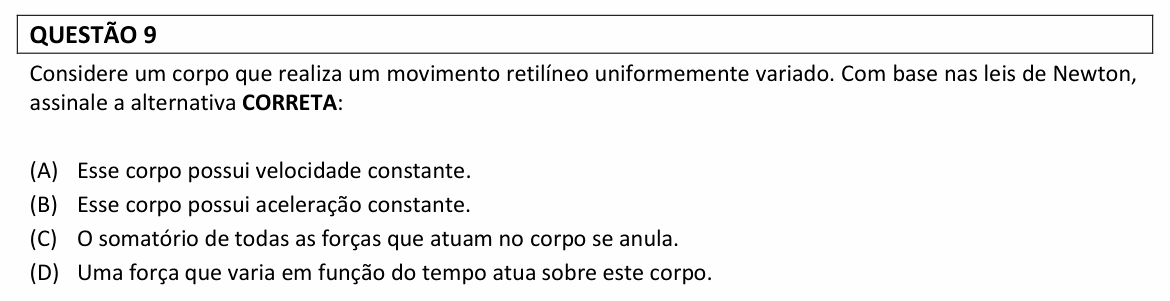 Enunciado da questão 9 de Física do UFLA 2025 (PAS, 2ª etapa)