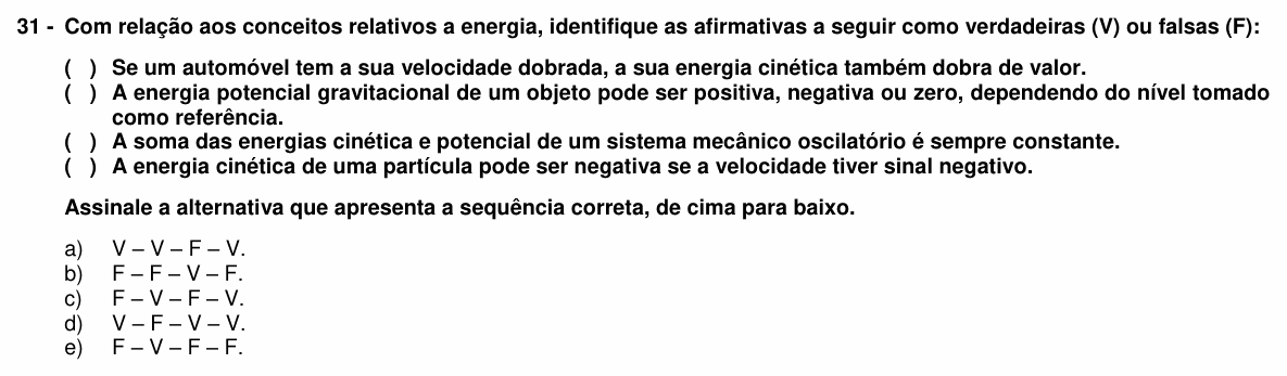 Enunciado da questão 31 de Física do UFPR 2016