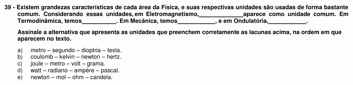 Enunciado da questão 39 de Física do UFPR 2018