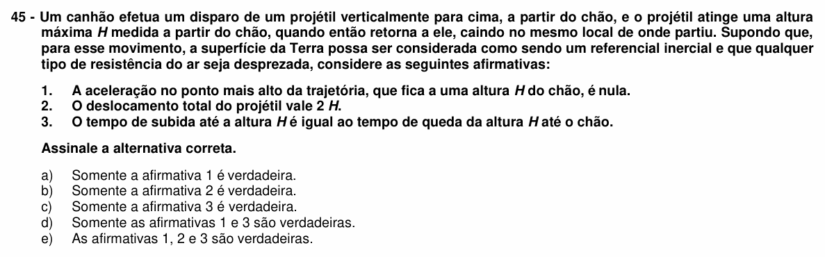 Enunciado da questão 45 de Física do UFPR 2018