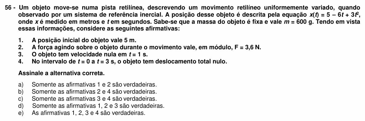 Enunciado da questão 56 de Física do UFPR 2019