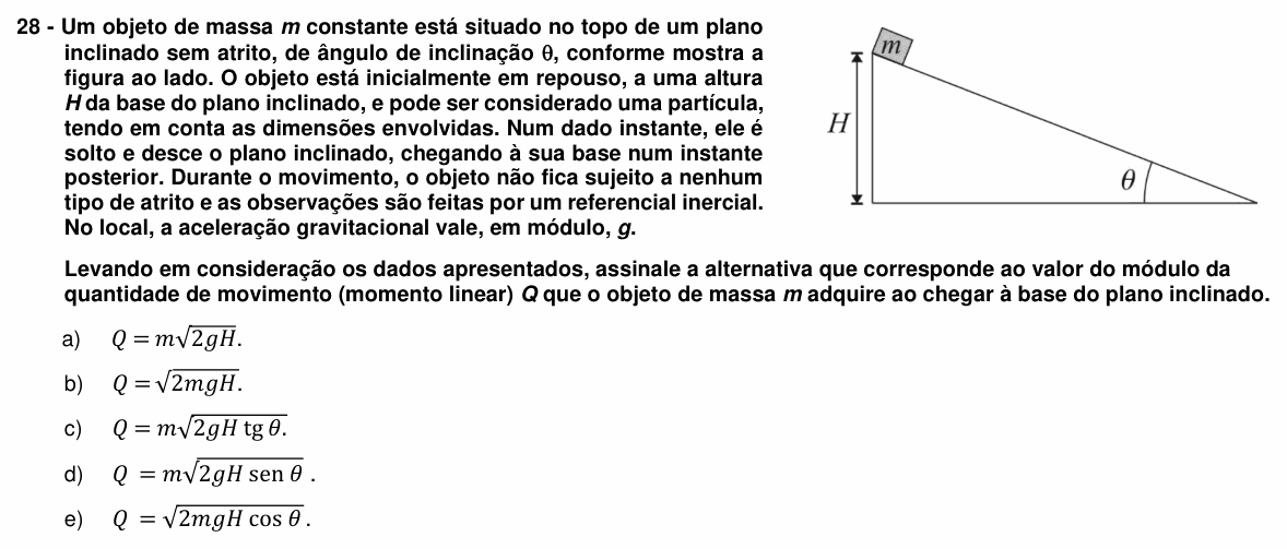 Enunciado da questão 28 de Física do UFPR 2020