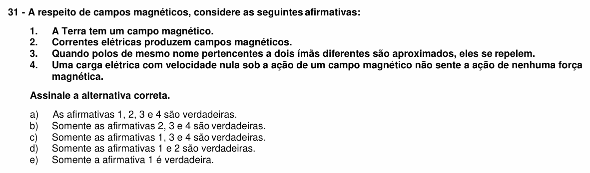 Enunciado da questão 31 de Física do UFPR 2020