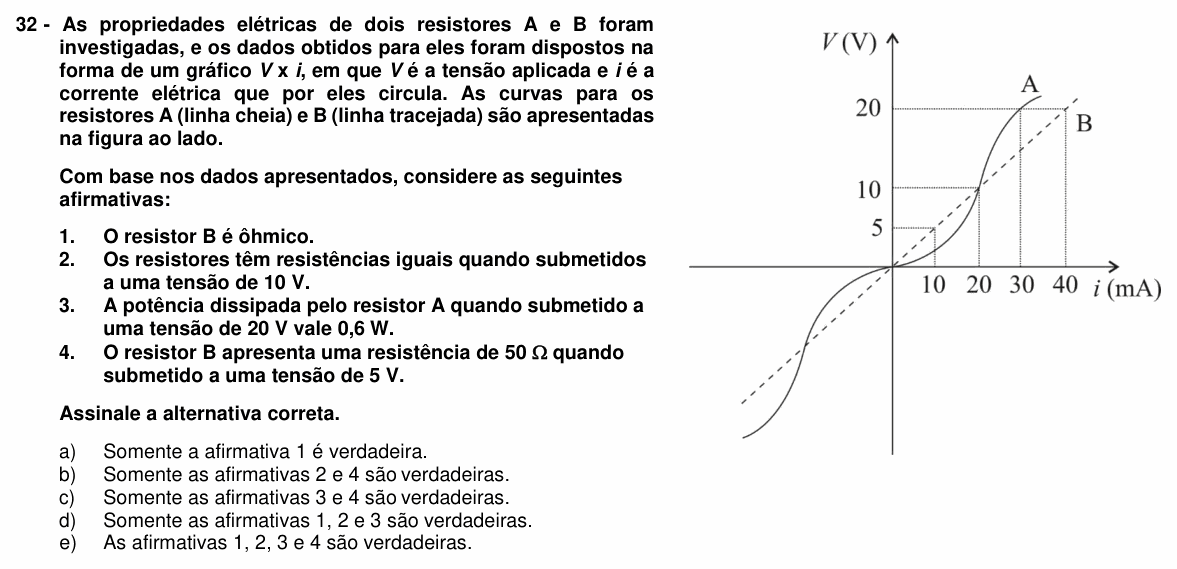 Enunciado da questão 32 de Física do UFPR 2020