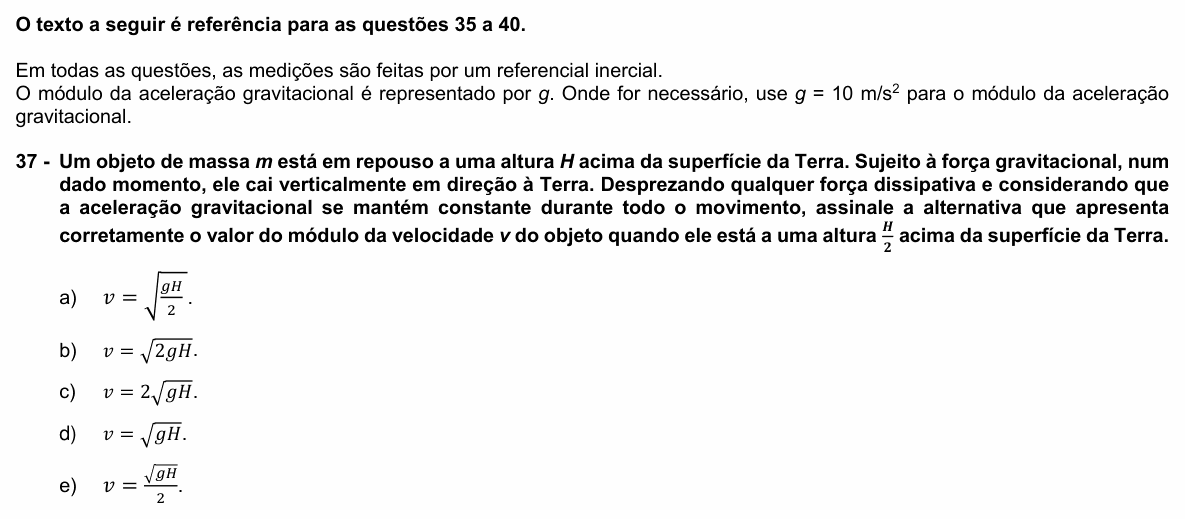 Enunciado da questão 37 de Física do UFPR 2021