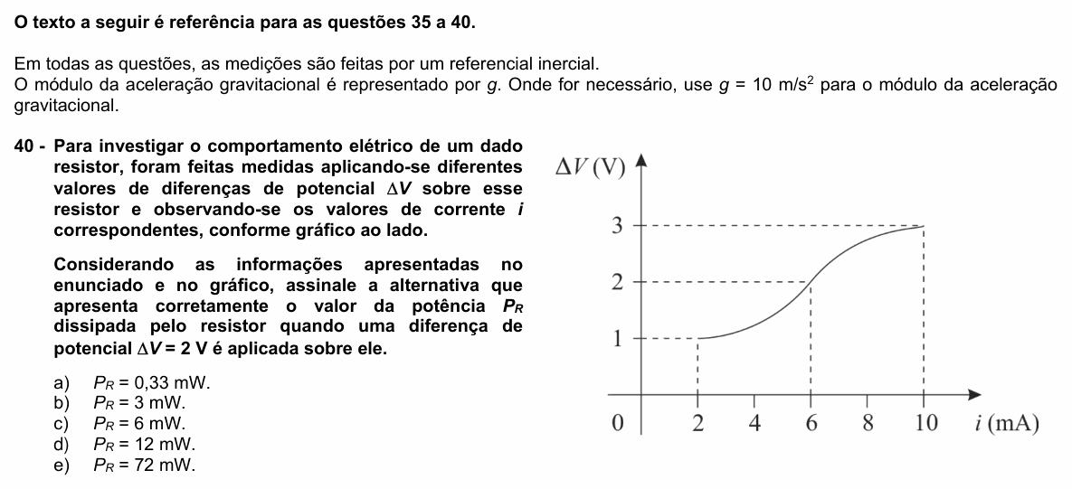 Enunciado da questão 40 de Física do UFPR 2021