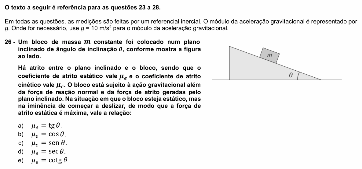 Enunciado da questão 26 de Física do UFPR 2022