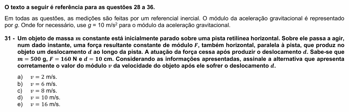 Enunciado da questão 31 de Física do UFPR 2023