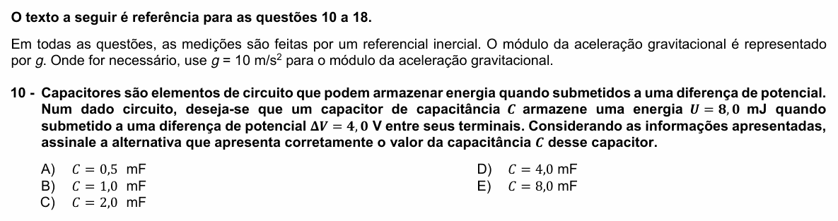 Enunciado da questão 10 de Física do UFPR 2024
