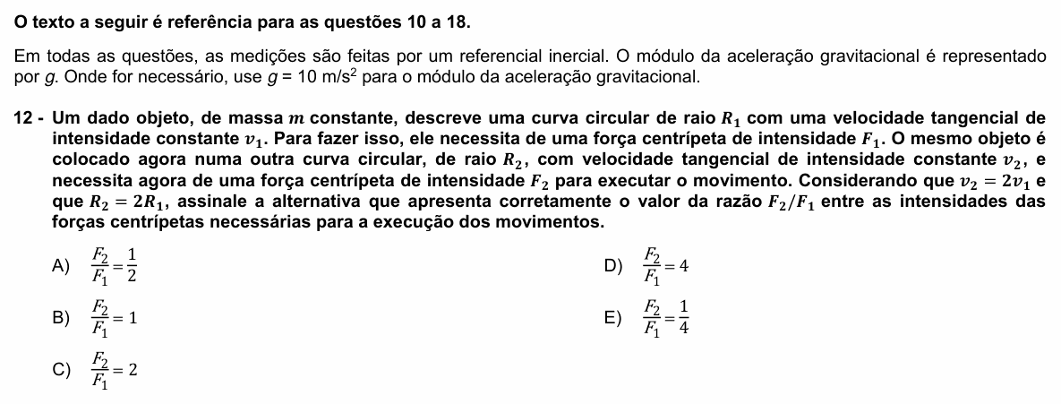 Enunciado da questão 12 de Física do UFPR 2024