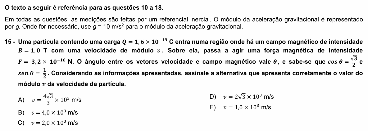 Enunciado da questão 15 de Física do UFPR 2024