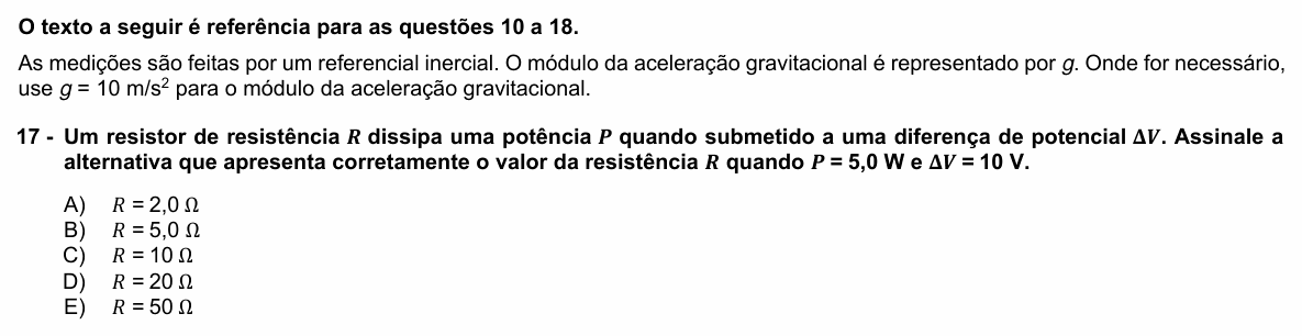 Enunciado da questão 17 de Física do UFPR 2026