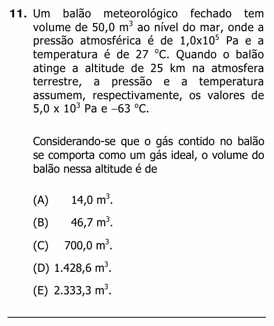 Enunciado da questão 11 de Física do UFRGS 2011