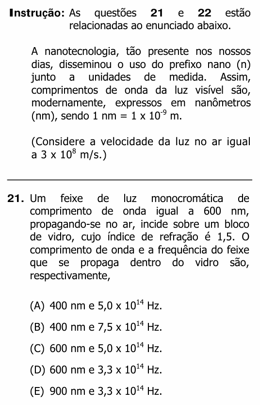 Enunciado da questão 21 de Física do UFRGS 2011