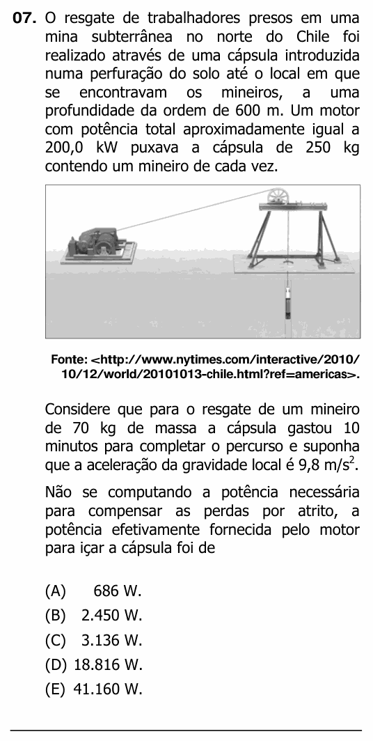 Enunciado da questão 7 de Física do UFRGS 2011