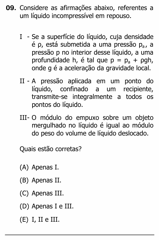 Enunciado da questão 9 de Física do UFRGS 2011