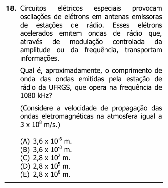 Enunciado da questão 18 de Física do UFRGS 2012