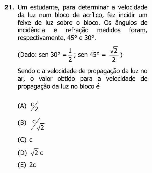 Enunciado da questão 21 de Física do UFRGS 2012