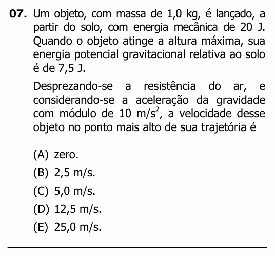 Enunciado da questão 7 de Física do UFRGS 2012
