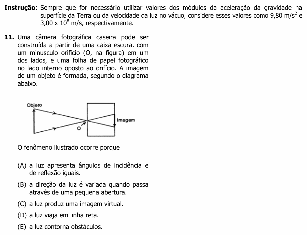 Enunciado da questão 11 de Física do UFRGS 2014