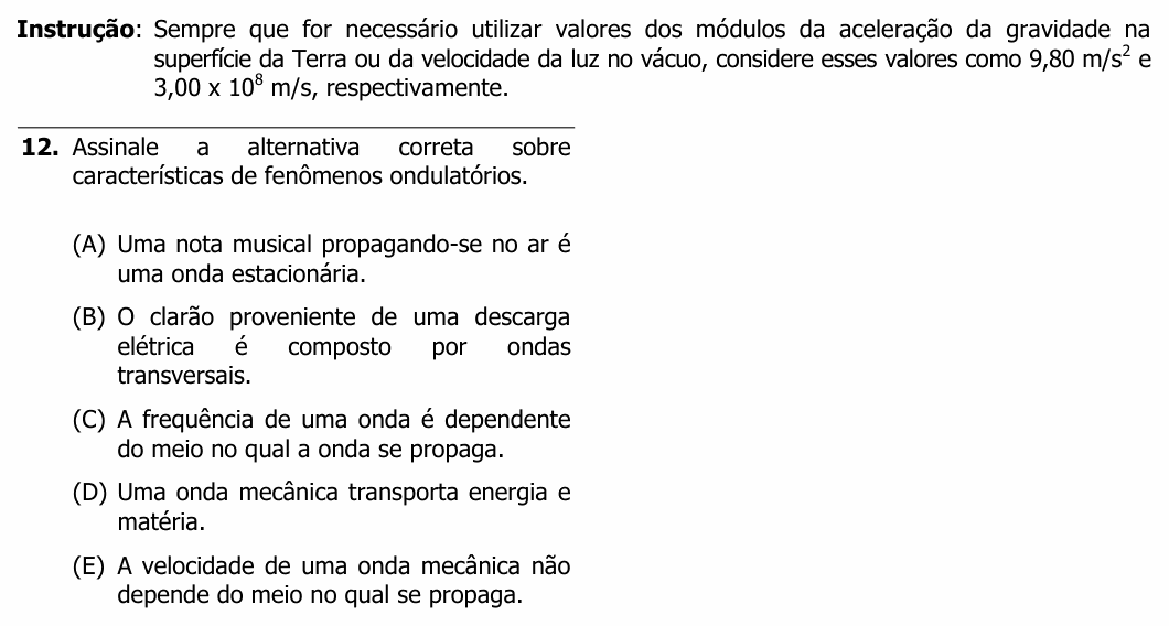 Enunciado da questão 12 de Física do UFRGS 2014