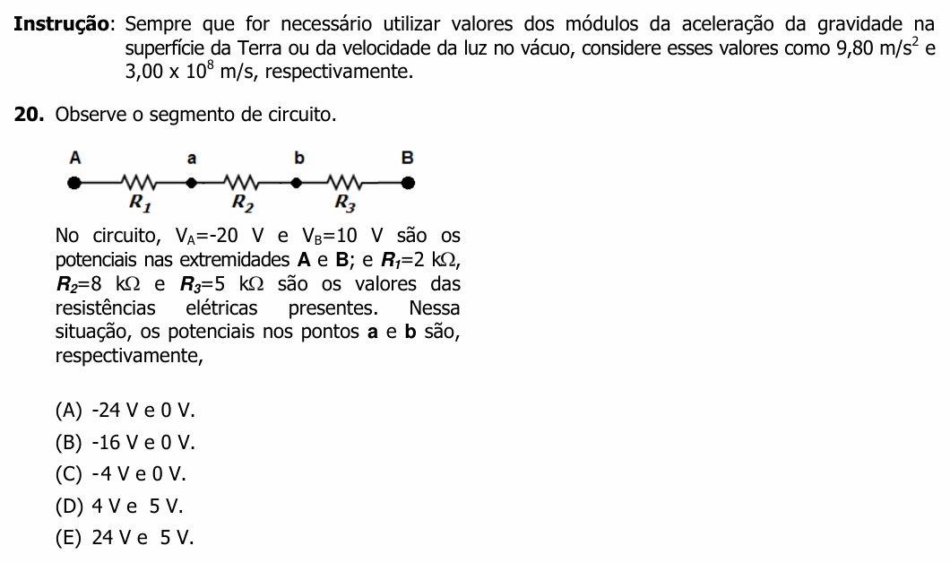 Enunciado da questão 20 de Física do UFRGS 2014