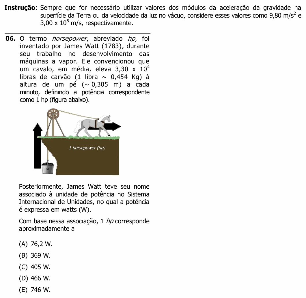 Enunciado da questão 6 de Física do UFRGS 2014