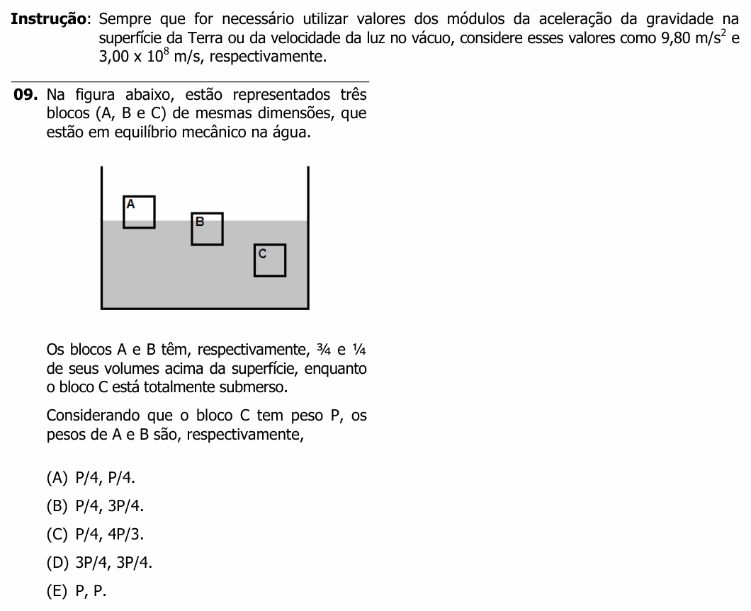 Enunciado da questão 9 de Física do UFRGS 2014