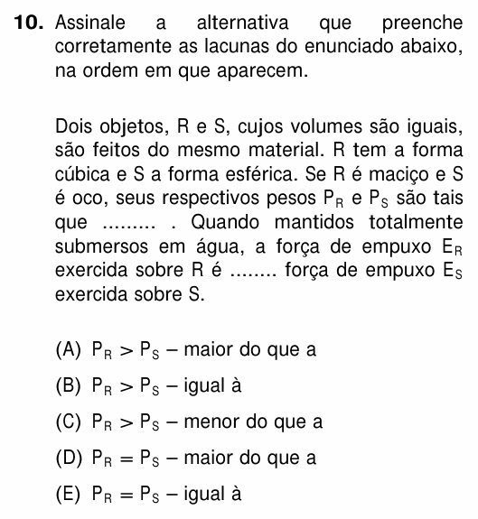 Enunciado da questão 10 de Física do UFRGS 2015