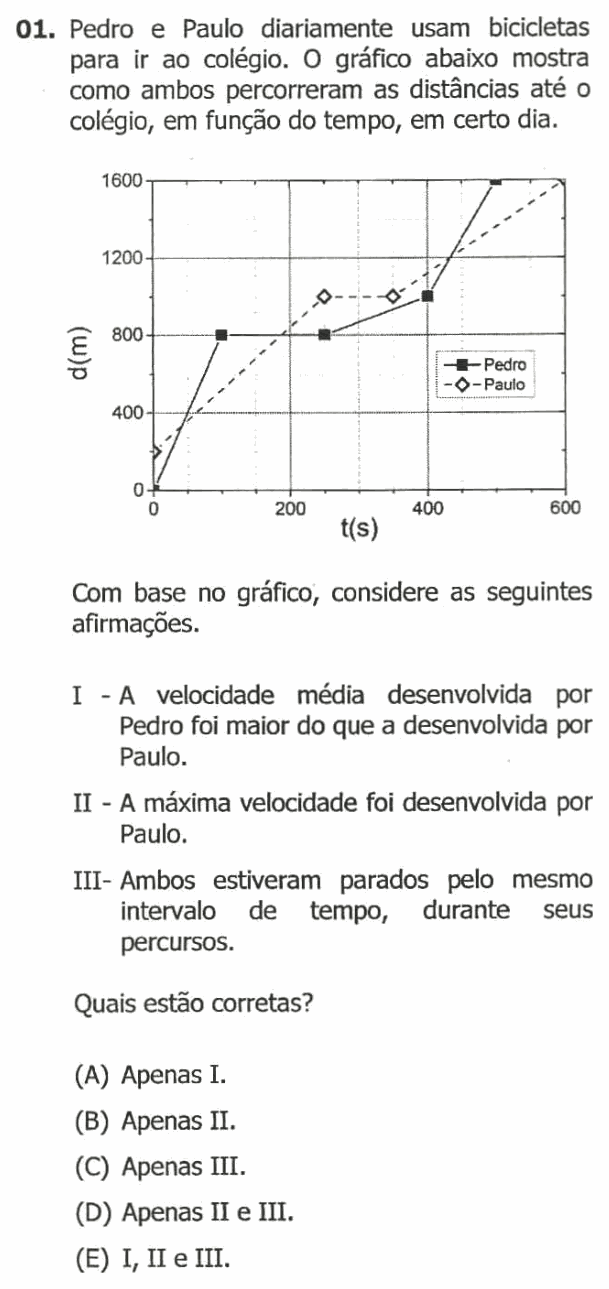 Enunciado da questão 1 de Física do UFRGS 2016