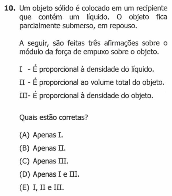 Enunciado da questão 10 de Física do UFRGS 2016