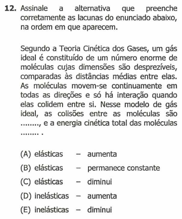 Enunciado da questão 12 de Física do UFRGS 2016