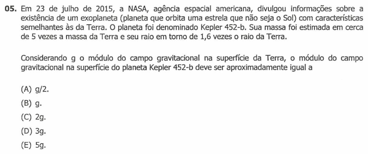 Enunciado da questão 5 de Física do UFRGS 2016