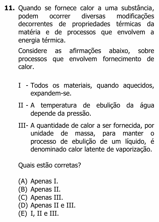 Enunciado da questão 11 de Física do UFRGS 2017