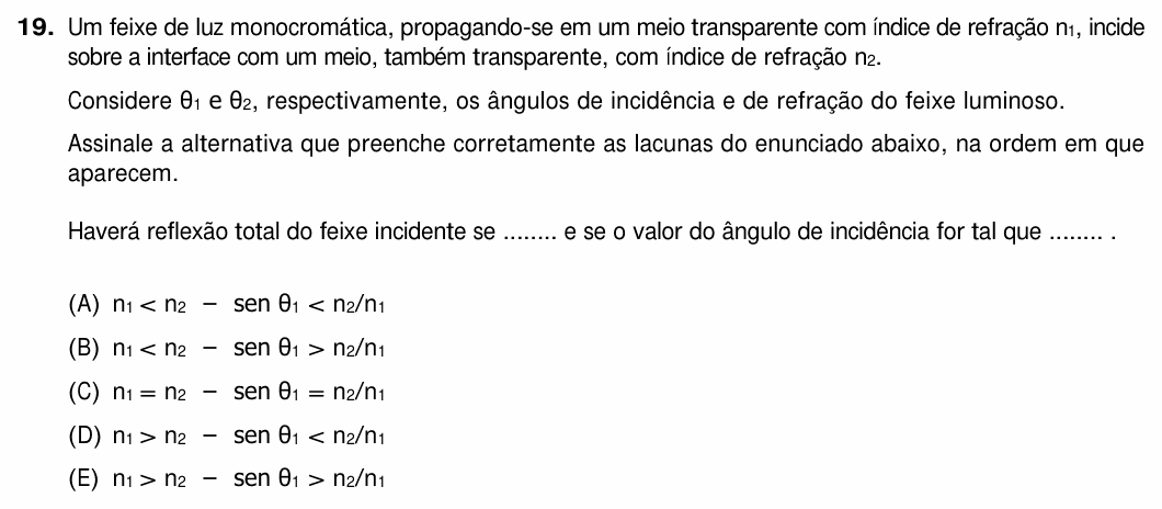 Enunciado da questão 19 de Física do UFRGS 2018