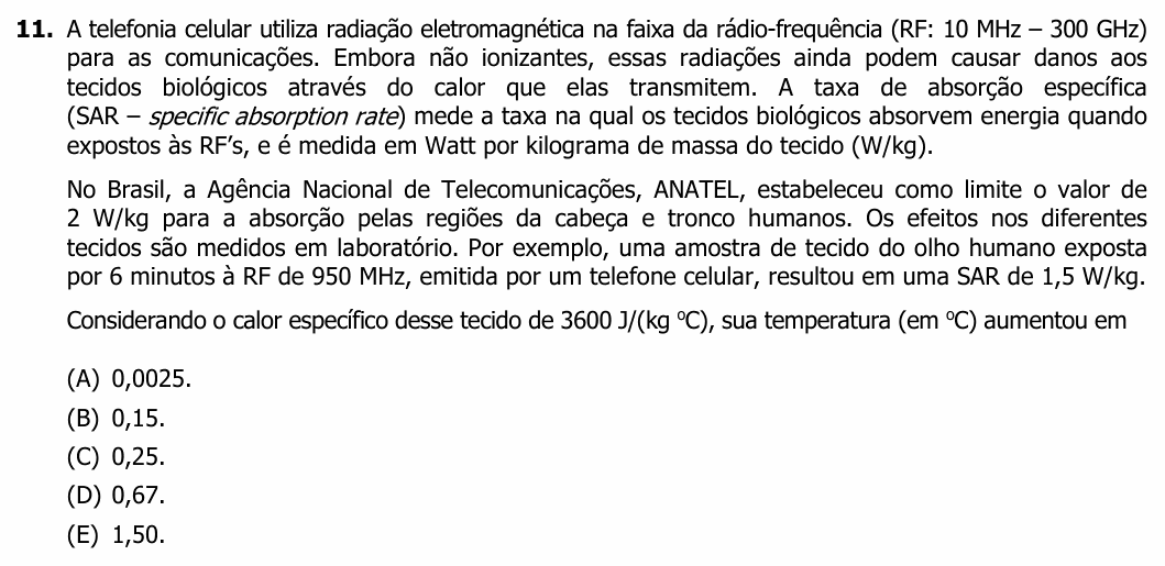 Enunciado da questão 11 de Física do UFRGS 2019