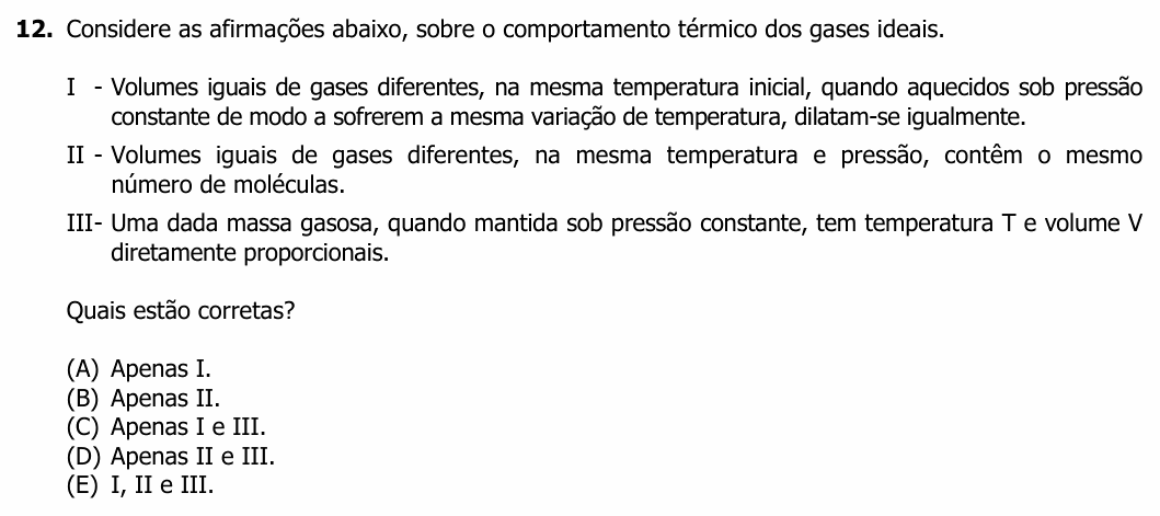 Enunciado da questão 12 de Física do UFRGS 2019